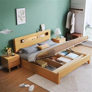 Solid wood bed modern simple single double master bedroom home economical 1.8 meters with night light storage drawer Nordic bed