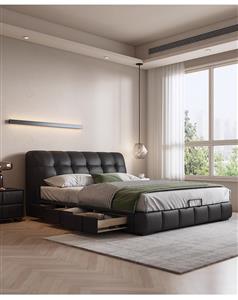 Leather bed retro cream style master bedroom double bed
